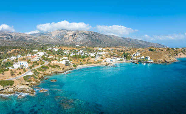 Landscape with Tigani and Moutsouna beach, Naxos island, Greece Landscape with Tigani and Moutsouna beach, Naxos island, Greece Cyclades paralia stock pictures, royalty-free photos & images