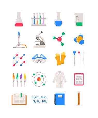 Chemistry lab icons. Chemical laboratory equipment symbols. Chemistry class, school subject. Simple flat pictograms related to scientific experiment equipment such as microscope, tube, flask, burner, safety goggles, lab coat, as well as arrangement of particles, namely atom, molecule, molecular structure