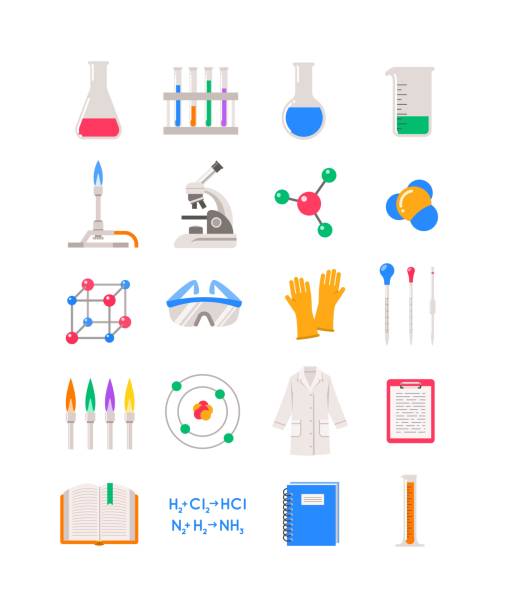 Chemistry class school laboratory equipment simple icons vector art illustration