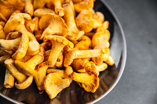 chanterelles fresh mushrooms delicious mushroom food snack on the table copy space food background rustic top view keto or paleo diet vegetarian vegan food