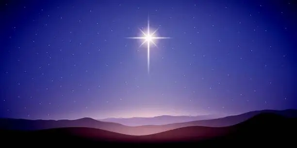Vector illustration of Star over Bethlehem, christmas night, Jesus birth