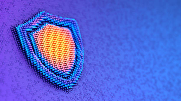 istock Shield sign on the blue pixelated background. Big data protection and Internet security. 3d illustration 1726109305