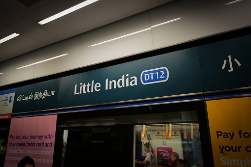 Singapore, Singapore, 08 august 2023: picture of the DT Line of the MRT Network in Singapore. The sign indicates the Little India Stop