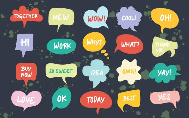 Vector illustration of Hand drawn set of speech bubbles with handwritten short phrases. Векторные иллюстрации на темном фоне.