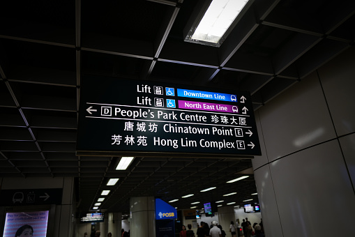 Singapore, Singapore, 08 august 2023: picture of the DT Line of the MRT Network in Singapore. The sign indicates the People’s Park exit.