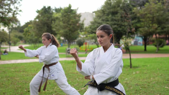 Teenage girl practicing karate/taekwondo movements at public park