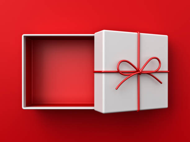 istock Top view of minimal white gift box open with blank red bottom box inside or present box tied with red rope ribbon and bow isolated on dark red background with shadow minimal conceptuals 3D rendering 1726118964