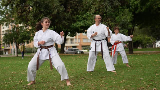 Karate/taekwondo students practicing movements during class at public park