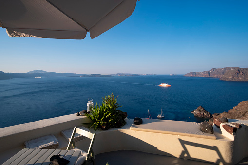 Balcony landscape view from the top of a cliff in a hotel in Santorini, Greece