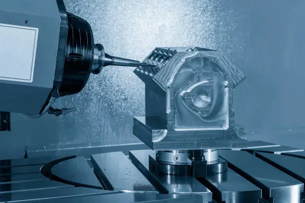 The 5-axis machining center cutting the V8 engine cylinder block with solid ball end mill tool. The hi-precision automotive manufacturing process by multi-axis CNC milling machine.