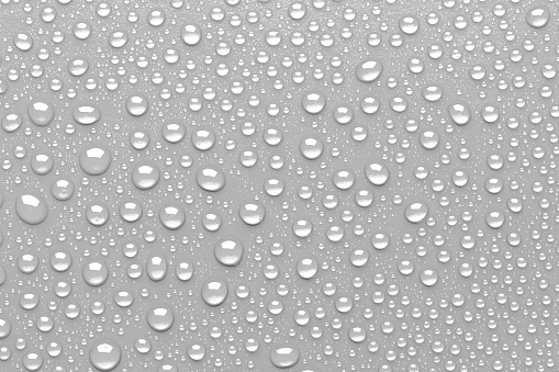 Close up water drops on black tone background. Abstract white gray wet texture with bubbles on plastic PVC surface or grunge. Realistic pure water droplets condensed. Detail of canvas leather texture