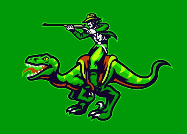 Vector illustration of Cowboy Riding Raptor and Shooting the Rifle