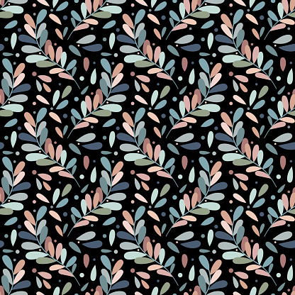 Whimsical leaf vector pattern, colorful repeating background, dark wallpaper