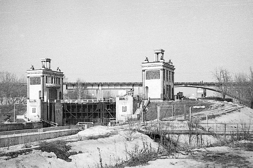 Moscow, Russia - October 1, 2023: View of shipping lock on the Moscow Canal in March 1982. 35mm black and white film scan