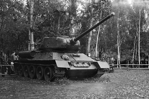 Moscow, Russia - October 1, 2023: T-34 Soviet tank from WWII in '60 years of Soviet cinema' exhibition in VDNKh in September 1979. Black and white 35mm film scan