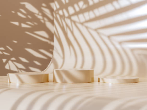 istock Empty Studio 3d exhibition background - pastel brown stage with soft natural tree, plants shadows 1726173341