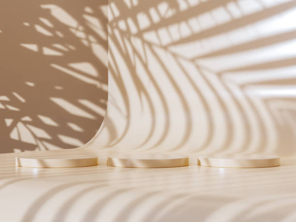 istock Empty Studio 3d exhibition background - pastel brown stage with soft natural tree, plants shadows 1726173343