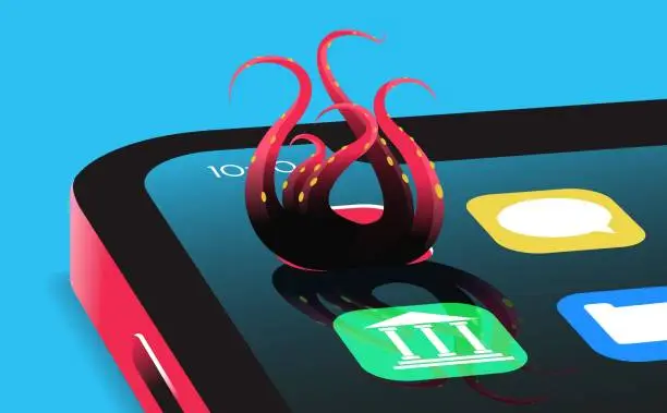 Vector illustration of Tentacles sticking out from an app vector illustration