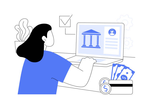 Open bank account online isolated cartoon vector illustrations. Open bank account online isolated cartoon vector illustrations. Woman open bank account using laptop, business people, financial literacy, mobile banking app, money management vector cartoon. accounting drawings stock illustrations
