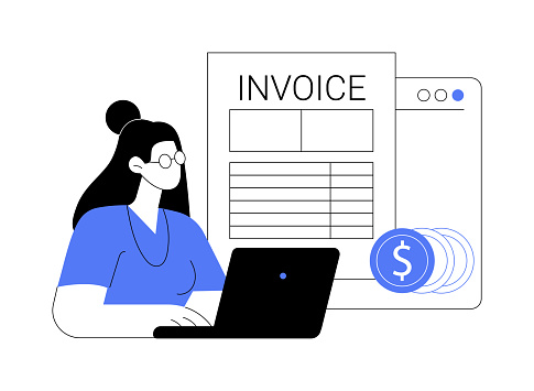 Fill out an invoice isolated cartoon vector illustrations. Freelance worker filling an invoice using computer, remote work, distance job payroll, digital nomad, payment document vector cartoon.