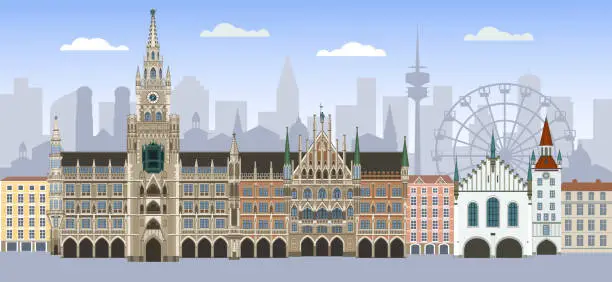 Vector illustration of Old and New town halls of Minich