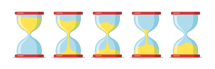 Set of hourglass with sand. Sandglass icon, glass timer for animation design. Concept of deadline, countdown measurement. vector illustration