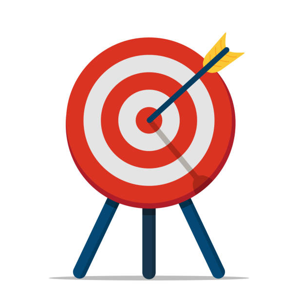 화살표로 타겟팅합니다. 목적에 맞는 정밀함의 양궁. 효율성, 우수성 사업의 개념. 목표의 정확성 달성. 벡터 그림 - bulls eye arrow archery accuracy stock illustrations