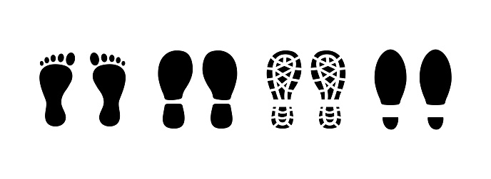 Black human footprints icon. Footstep print, shoe sole, footmarks. Muddy track of shoes. Barefoot man's step. vector illustration