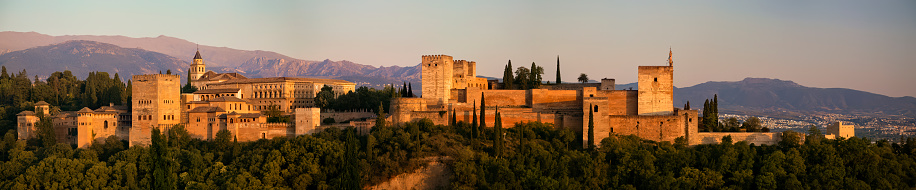 View of the grounds of the Alhambra of Granada, from where you can enjoy a beautiful view of the city. The palace is the most famous landmark of Granada and a monument of the Islamic architecture in the world.