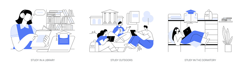 Getting ready for classes isolated cartoon vector illustrations set. Study in a library and outdoors, student preparing for college classes in dormitory room, student lifestyle vector cartoon.