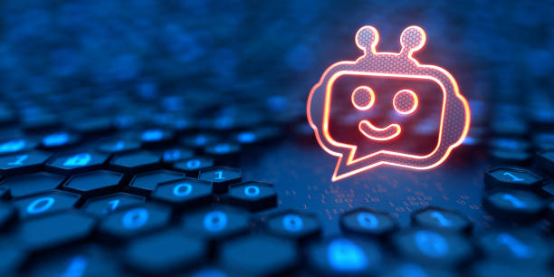 istock Futuristic digital background. Funny glowing Chatbot on the blue hexagonal background with binary code. 3d Illustration 1726213992