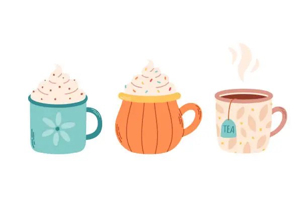 Vector illustration of Autumn and winter hot drinks. Coffee cup, tea, hot chocolate, cacao. Vector illustration in flat style