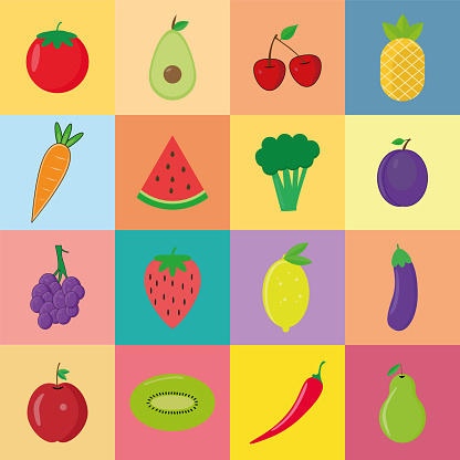 Set of fruits and vegetables. Healthy foods on color background.
