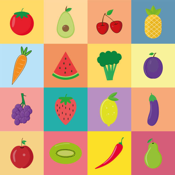 Set of fruits and vegetables Set of fruits and vegetables. Healthy foods on color background. red bell pepper stock illustrations
