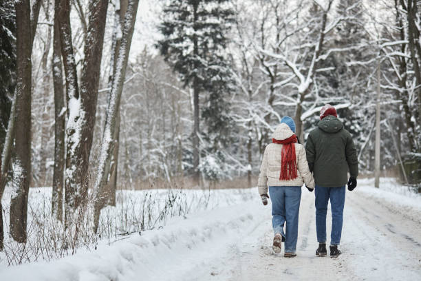istock Couple holding hands while walking in winter forest togethe 1726222715