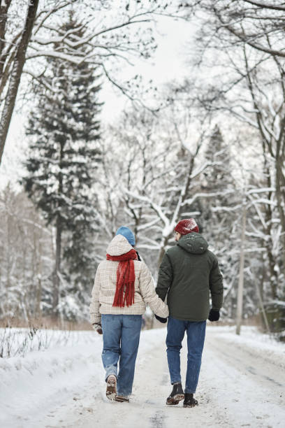 Vertical back view of young couple walking in winter forest and holding hands