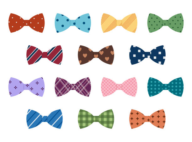 Set of colored man bow ties with different patterns. Butterfly neck tie collection for business or party. Accessories for man suits. Vector flat illustration isolated on white background Set of colored man bow ties with different patterns. Butterfly neck tie collection for business or party. Accessories for man suits. Vector flat illustration isolated on white background dicky-bow stock illustrations