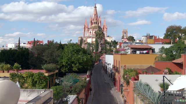 Aerial View of the Historic Parroquia de San Miguel Arcangel Church in San Miguel de Allende, Guanajuato, Mexico