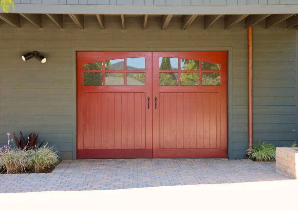 istock Dark orange garage door on a modern home 1726241704