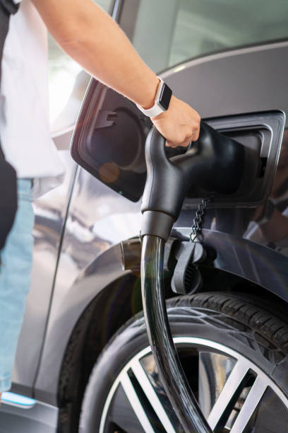 EV charging. Female hands holding car electric charger
