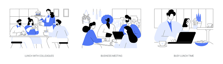 Business lunch isolated cartoon vector illustrations set. Smiling diverse colleagues having lunch in cafe, business meeting at restaurant, busy man working at the table, eating out vector cartoon.