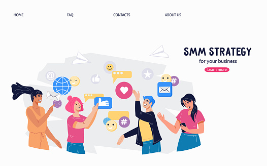 Web banner or landing page for social media management, business process of creating, scheduling and analyzing content topics, flat vector illustration on white background.