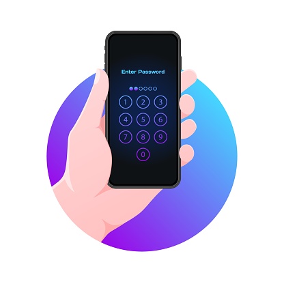 Entering a PIN code for your phone. Flat, color, phone in hand, entering a PIN code for the phone, locking the screen. Vector icon
