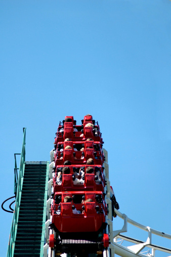 A view of the structure system of a wooden roller coaster.