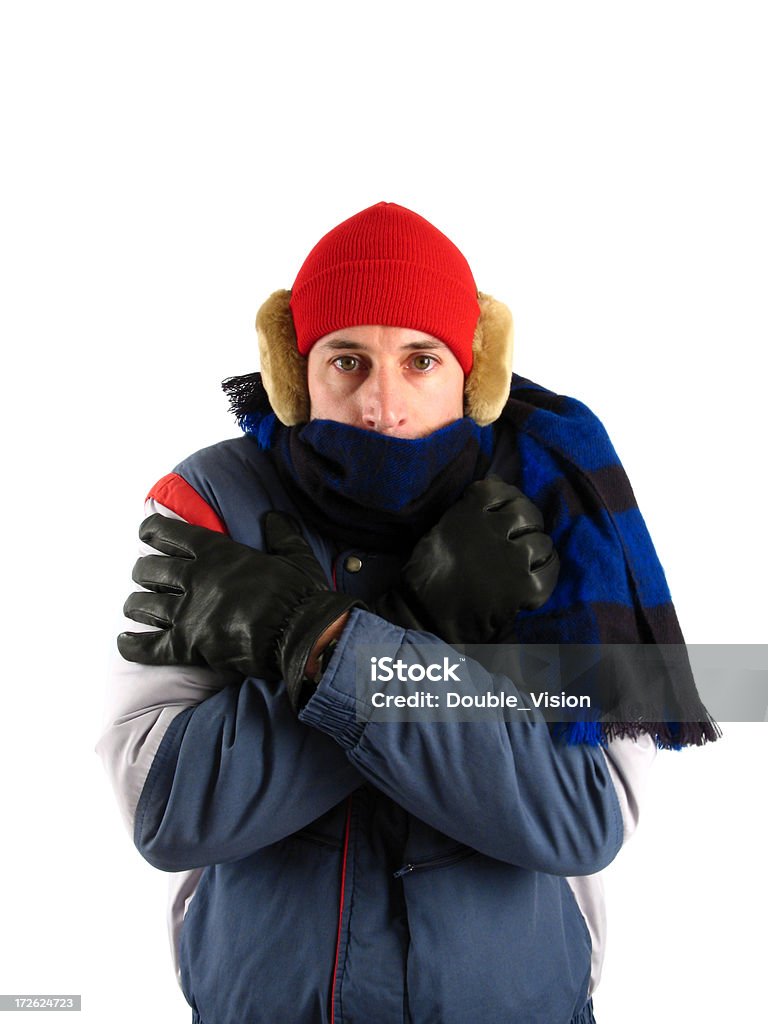 Einfrieren Frösteln Mann in roten Strumpf-Kappe, Ohrenschützer, und Schal - Lizenzfrei Blau Stock-Foto