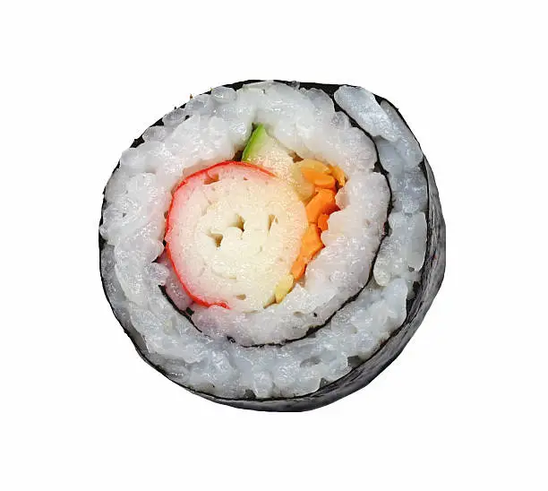 "A single piece of California roll, isolated on white."