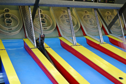 Skeeball Game. Games of skill and chance. Roll a ball and hop into a high point target.