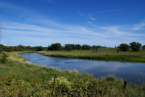 A river winds through the countryside on a hot summer day. River is the Grand River in Waterloo, Ontario, Canada. 
