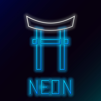Glowing neon line Japan Gate icon isolated on black background. Torii gate sign. Japanese traditional classic gate symbol. Colorful outline concept. Vector.