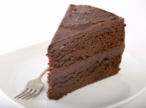 A slice of chocolate cake with dessert fork